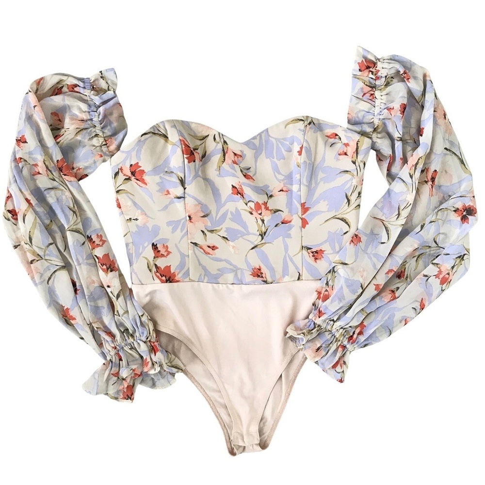 Seven Wonders Off Shoulder Floral Bodysuit Sheer Puffed Long Sleeves Size 4 Boho